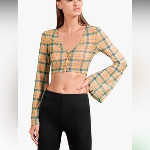 STAUD Mabe butterscotch plaid mesh top